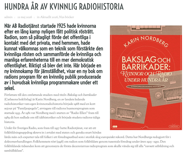 Hundra år av kvinnlig radiohistoria (artikel, mediehistoria.se)